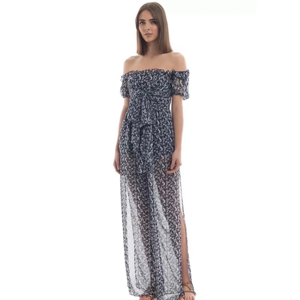 Misha Collection Erica Pantsuit 0 Navy Floral Off-the-Shoulder Wide Leg Slit NWT